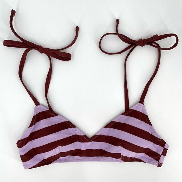 Aerie Stripe Scoop Bikini Top Shoulder Ties Women Small Purple Brown NWT - Picture 1 of 5
